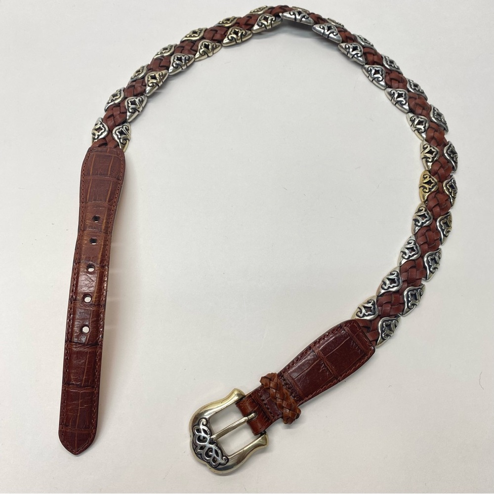 Brighton Women's Medium Camel Brown Leather Silver Plated Weaved Belt Casual - Picture 2 of 13